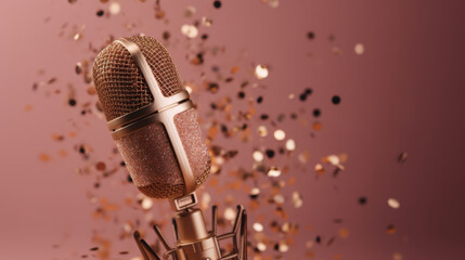 Retro Microphone with Gold Confetti on Elegant Pink Background