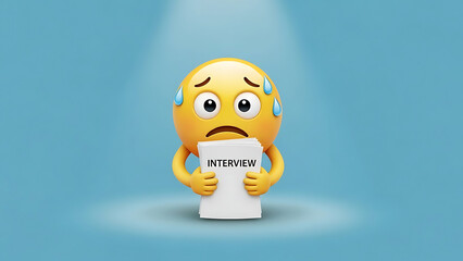 A stressed cartoon emoji character holding an interview document with a worried expression on its face in a spotlight