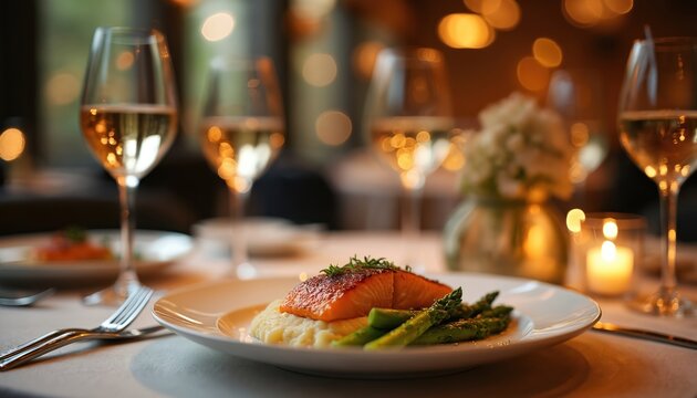Fine dining table set with plated salmon meal and asparagus side dish. Two glasses filled with white wine, lit candle, soft bokeh lights create romantic evening ambience. Restaurant celebration.