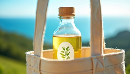 Obraz premium Glass bottle with yellow liquid and green leaf sticker rests in fabric tote bag against blurry blue ocean background. Natural light outdoors.