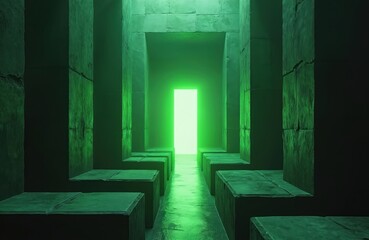 Man made maze made of stone blocks. Path leads to bright green glowing door. Abstract concept of challenge problem solving or finding way out.