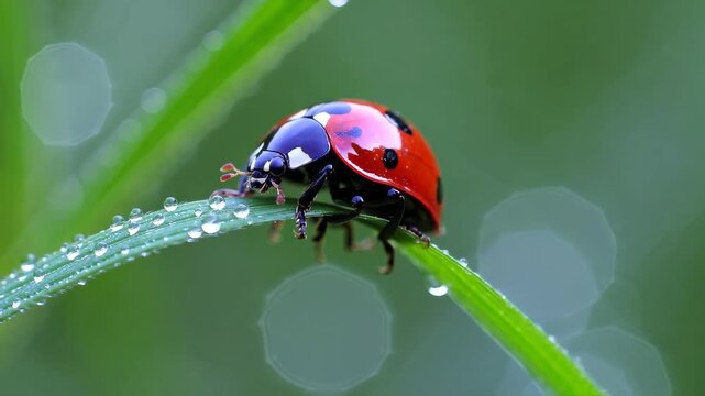 Close-up of a red ladybug with black spots crawling on a fresh green blade of grass, natural soft light, blurred green background bokeh