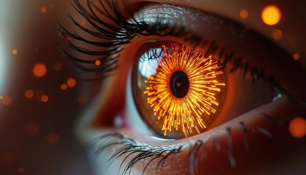 Closeup of human eye with orange glowing digital iris, data streams reflecting in pupil. Abstract AI vision concept with futuristic glow, bokeh lights background. Artificial intelligence observation - Powered by Adobe