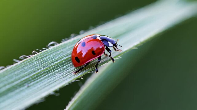 Close-up of a red ladybug with black spots crawling on a fresh green blade of grass, natural soft light, blurred green background bokeh