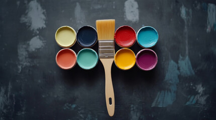 Artistic paint jars with brush on textured wooden surface