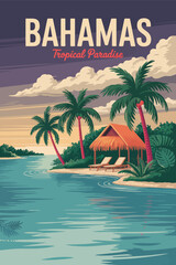 Bahamas travel poster vintage, illustrating a serene island getaway, crystal clear ocean, luxury resort views, nostalgic summer aesthetics, and beautiful caribbean maritime scenery.