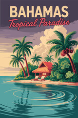 Bahamas travel poster vintage, showcasing a tropical paradise resort scenery, clear blue sea, sunlit coastlines, nostalgic vector illustration, caribbean summer vacation vibes.