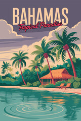 Bahamas travel poster vintage, featuring exotic turquoise water, white sand beaches, palm trees, sun-drenched coastal landscape, retro artistic style, and tropical holiday atmosphere.