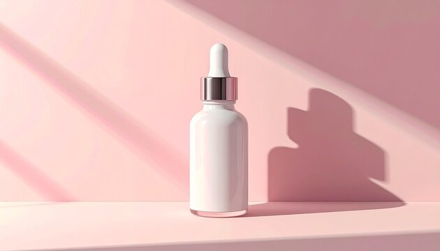 Elegant white skincare serum bottle on pink background