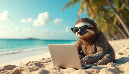 Relaxed sloth wears sunglasses typing on a laptop at a sunny beach. Palm trees line the shore with blue ocean waves in background. Enjoying vacation work online.