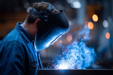 Worker uses welding equipment in a busy workshop