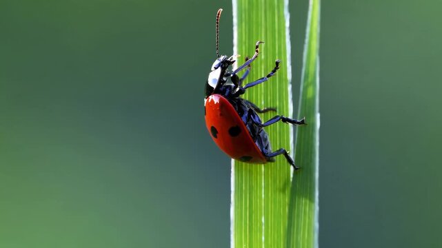 Close-up of a red ladybug with black spots crawling on a fresh green blade of grass, natural soft light, blurred green background bokeh
