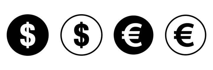 Obraz premium Financial Icon Vector. Dollar and Euro Currency Signs with Wallet Payment and Coin Symbols