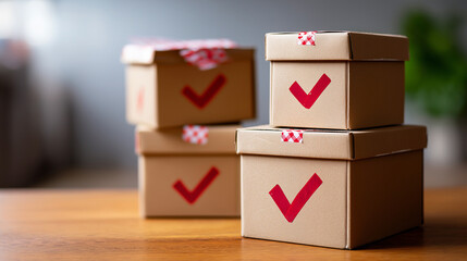 Stack of three cardboard boxes with red checkmarks, efficient logistics, successful order fulfillment, warehouse operations, quality control , with copy space