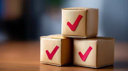 Stack of three cardboard boxes with red checkmarks, efficient logistics, successful order fulfillment, warehouse operations, quality control , with copy space