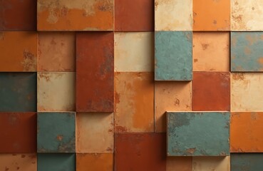 Textured square tiles in warm earthy tones, cool teal create abstract geometric wall art. Panels vary in depth, color, suggesting modern interior design elements. Surface shows subtle distress,
