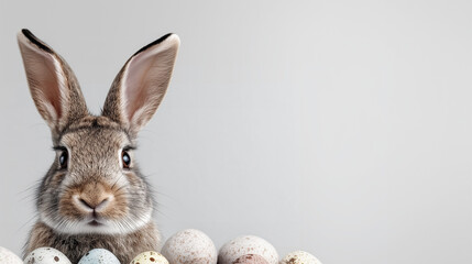 Obraz premium Cute Easter Bunny with Colorful Eggs on White Background, Copy Space, Generative AI