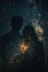 Obraz premium Hugging under moonlight romantic couple silhouette embracing at night beneath milky way galaxy emotional love connection peaceful intimate relationship mood