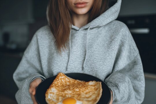 Woman holding a plate of food in a kitchen setting