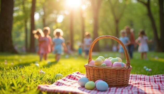 Children search for colorful easter eggs in a sunny park meadow. A basket full of pastel eggs sits on a checkered blanket. Kids play a fun spring tradition game outdoors.