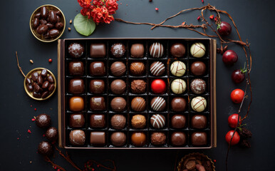 An elegant box of 42 assorted chocolates arranged in a grid, surrounded by festive berries, flowers, and chocolate-covered nuts, evoking luxury and celebration.