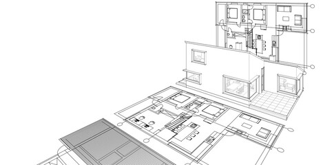 Fototapeta premium house architectural project sketch 3d illustration 