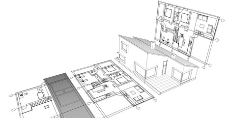 Fototapeta premium house architectural project sketch 3d illustration 