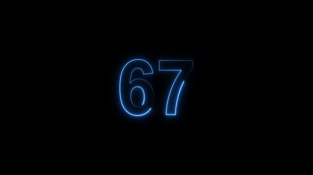 Red neon number 67 glowing on a black background, digital countdown timer element, vibrant futuristic typography