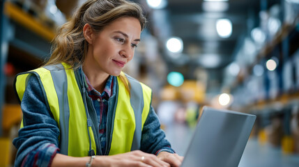 Faceless focused warehouse manager working on laptop, logistics planning, inventory management, distribution oversight, modern operations , with copy space
