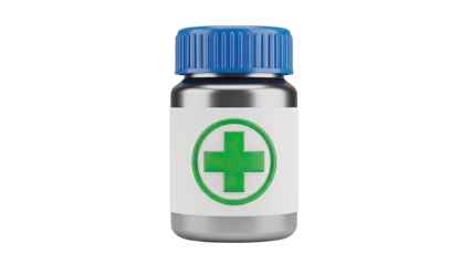 Medicine bottle with green cross symbol on transparent background