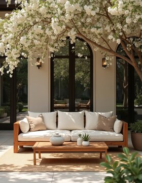 Elegant outdoor living space with plush sofa and coffee table under blooming tree. Modern patio furniture invites relaxation with floral accents and natural light.