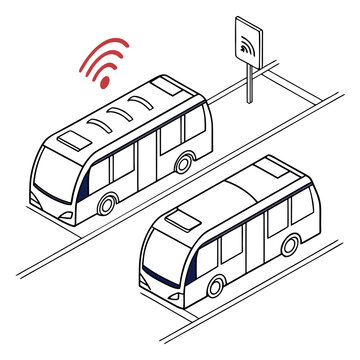an illustration depicts two futuristic public transportation vehicles connected via wireless technology showing a smart city infrastructure