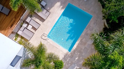 Aerial View of a Serene Swimming Pool Surrounded by Lush Tropical Foliage.