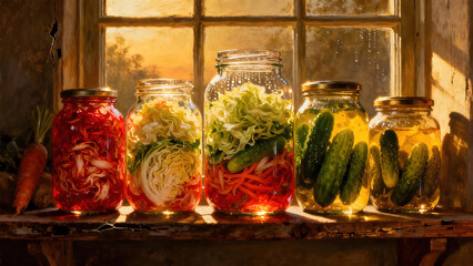 Fermented Vegetables in Glass Jars by Rustic Window