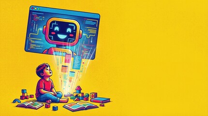 Kid sitting on floor looking up at a virtual screen with a robot. Digital learning for children and artificial intelligence concept.