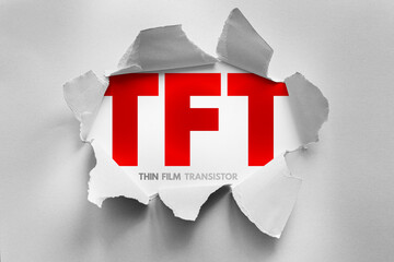 TFT acronym for Thin Film Transistor emerges from torn paper design, representing display technology used in LCD screens, enhancing image quality, brightness, and response time in modern devices