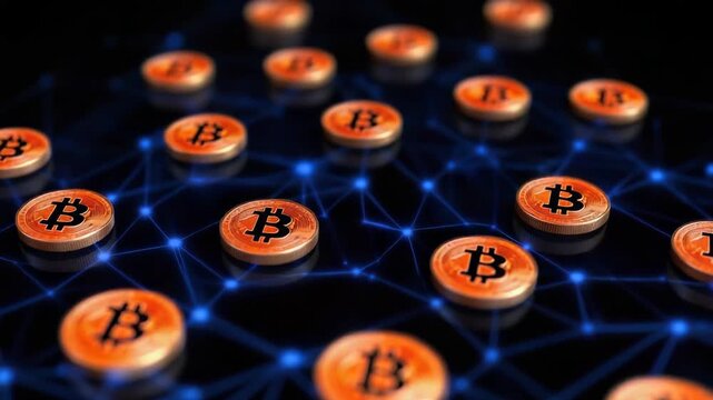 Cryptocurrency coin network with glowing blue nodes digital bitcoin blockchain futuristic finance