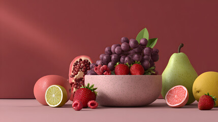 Vibrant still life arrangement featuring assorted fresh purple grapes strawberries raspberries limes pears and sliced citrus fruits displayed artfully