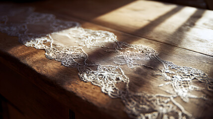 Delicate white lace trim resting upon warm textured wooden surface illuminated by dramatic shafts of natural sunlight creating deep shadows and highlights