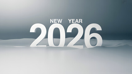 New Year 2026 in white 3D text on gray gradient background with soft lighting for calendar design