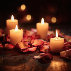 soft glowing candles surrounded by rose petals, generative ai
