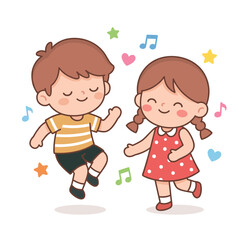 Happy Cartoon Kids Dancing with Music Notes