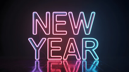 New Year neon sign in vibrant pink and blue colors with reflection on dark background for celebration