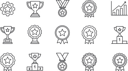 Minimal award and achievement icon set featuring trophies medals badges podium and success symbols in clean black outline vector style