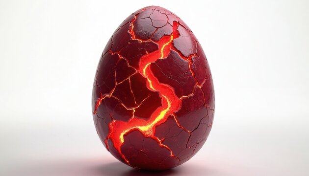 Deep red dragon egg with glowing cracks, intricate textures rests on clean white surface. Fiery core emits warm yellow, orange light, hinting at emerging life immense power. Unique object, mystical - Powered by Adobe