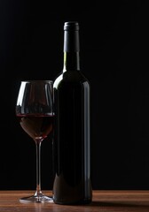 A full bottle of aged red wine standing beside a crystal glass filled with beverage, suggesting a sophisticated drink and elegant moment ,red, rich, consumption