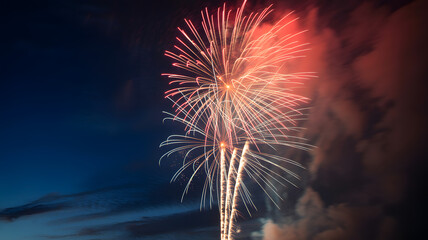 Fireworks Explosion in Vibrant Red and White Colors with Dramatic Smoke at Night for Celebration