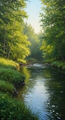 A peaceful painted scene of a sunlit river flowing through a lush green wilderness forest early in the tranquil morning hours ,peaceful ,dawn ,wilderness