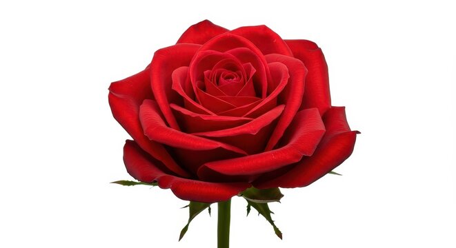 A dramatic and vibrant single red rose bloom perfectly isolated on a clean pure white background, symbolizing passion and true love and romance ,romance ,greeting ,love
