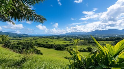 Lush Green Hills Under a Blue Sky with Tropical Foliage Framing the View.